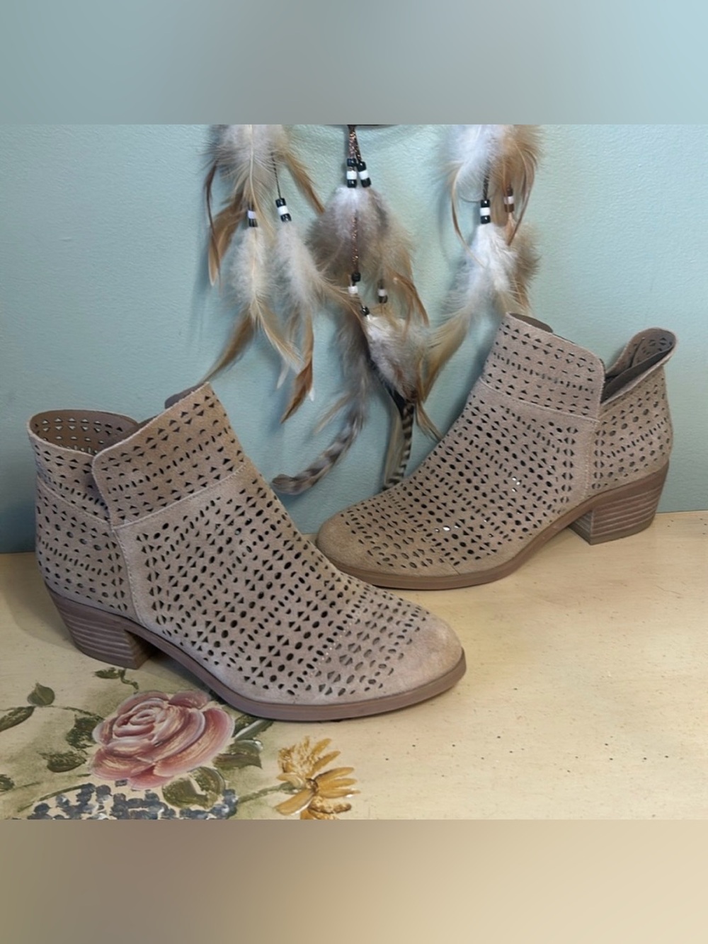 Crown Vintage “Tesla” Tan Perforated Laser Cut Suede Ankle Boots